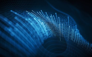 Parlayan dalga çizgileri olan siber uzay, 3 boyutlu görüntüleme. Bilgisayar dijital çizimi.