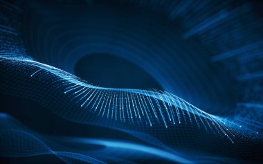 Parlayan dalga çizgileri olan siber uzay, 3 boyutlu görüntüleme. Bilgisayar dijital çizimi.