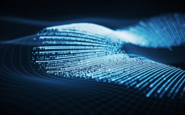 Parlayan dalga çizgileri olan siber uzay, 3 boyutlu görüntüleme. Bilgisayar dijital çizimi.