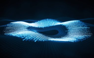 Parlayan dalga çizgileri olan siber uzay, 3 boyutlu görüntüleme. Bilgisayar dijital çizimi.