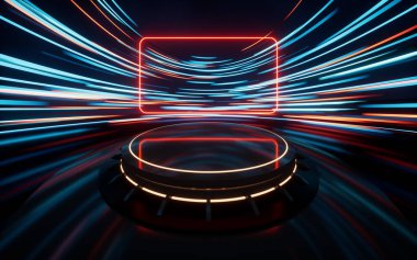 Işık saçan yuvarlak çizgiler, hareket bulanıklığı, 3D görüntüleme. Bilgisayar dijital çizimi.