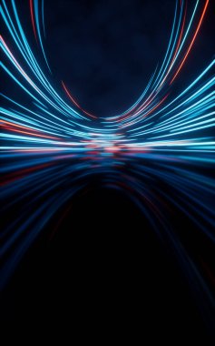 Işık saçan yuvarlak çizgiler, hareket bulanıklığı, 3D görüntüleme. Bilgisayar dijital çizimi.