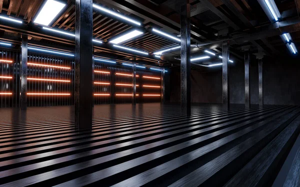 Темное Здание Неоновой Подсветкой Рендеринг Цифровой Рисунок — стоковое фото