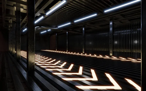 Neon ışıklı karanlık bina, 3 boyutlu görüntüleme. Bilgisayar dijital çizimi.