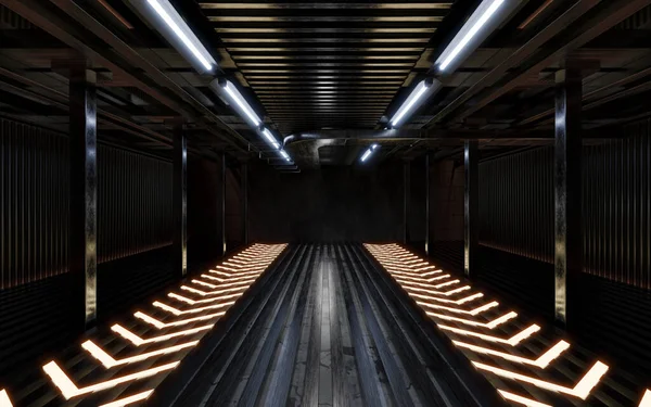 Neon ışıklı karanlık bina, 3 boyutlu görüntüleme. Bilgisayar dijital çizimi.