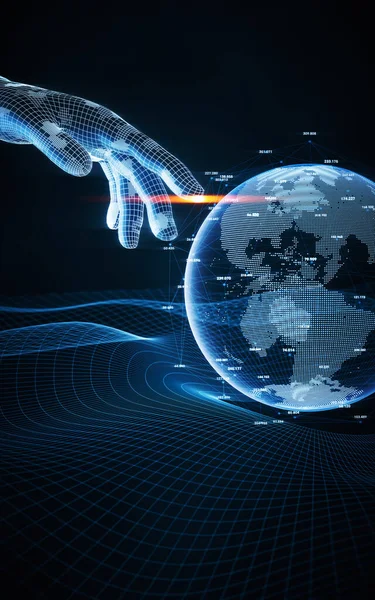 Kodet Digital Planet Med Virtuell Hånd Gjengivelse Datategning – stockfoto