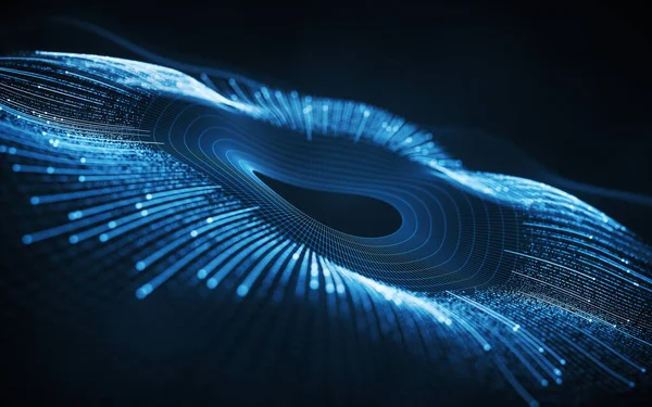 Parlayan dalga çizgileri olan siber uzay, 3 boyutlu görüntüleme. Bilgisayar dijital çizimi.