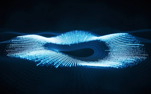 Parlayan dalga çizgileri olan siber uzay, 3 boyutlu görüntüleme. Bilgisayar dijital çizimi.