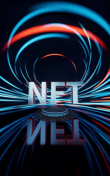 Spin çizgileri olan NFT konsepti arka plan, 3 boyutlu görüntüleme. Bilgisayar dijital çizimi.