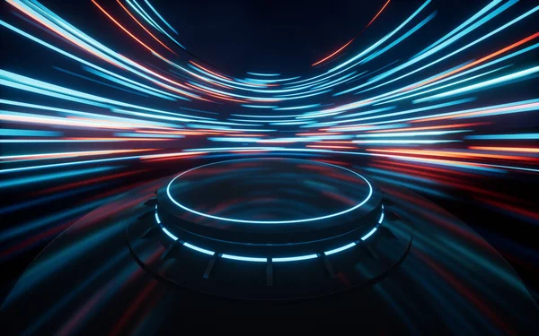 Işık saçan yuvarlak çizgiler, hareket bulanıklığı, 3D görüntüleme. Bilgisayar dijital çizimi.
