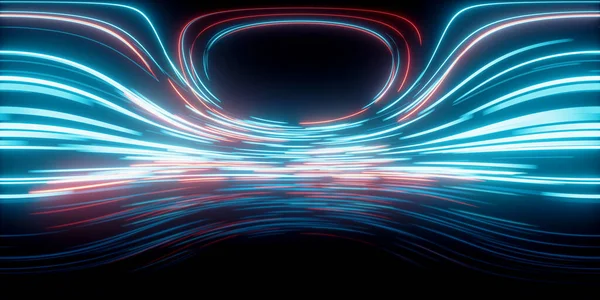 Işık saçan yuvarlak çizgiler, hareket bulanıklığı, 3D görüntüleme. Bilgisayar dijital çizimi. 360 derecelik kusursuz panoramik görünüm.