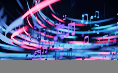 Müzik notaları, müzikal melodiler, üç boyutlu yorumlama. Bilgisayar dijital çizimi.