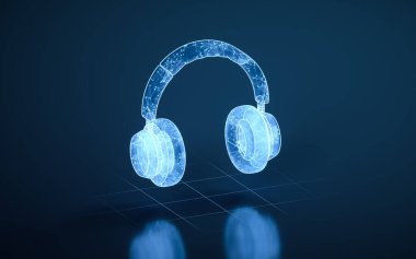 Kulaklık, oyun kulaklığı, 3D görüntüleme. Ses elektronik aygıtı dinleniyor. Bilgisayar dijital çizimi.