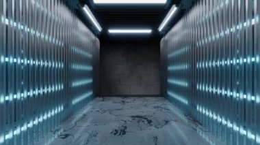 Neon ışıklı karanlık bina, 3 boyutlu görüntüleme.