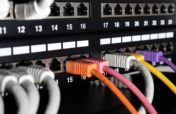 Closeup view of ethernet cables connected into patch panel. Network engineering concept