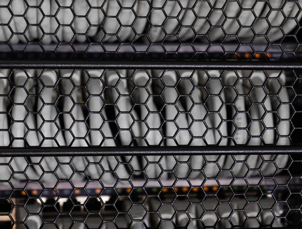 Düğmeye bağlı olan delik sunucu raf kapısı ve ağ kablolarının görüntüsü. Modern altıgen metalik kapı.