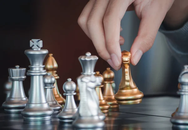 Hand Businessman Moving Golden Knight Chess Fighting Silver Knight Fire — Stock Photo, Image