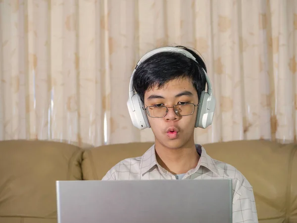 Boy Wearing Headphones Sitting Table Internet Chat Skype Teacher Prepare — Stock Photo, Image