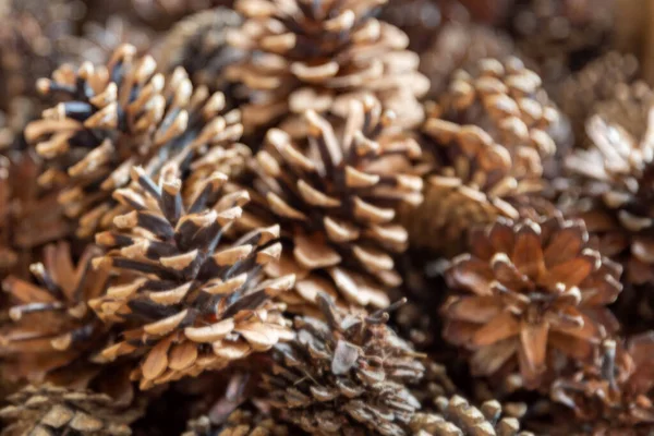 Brown solid background of pine cones in out of focus. New Year holiday theme,