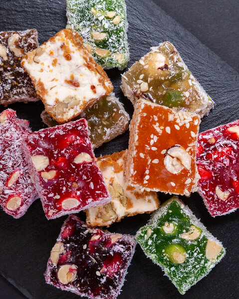 Lukum, a set of Arabic sweets, a national Turkish dessert. Top view