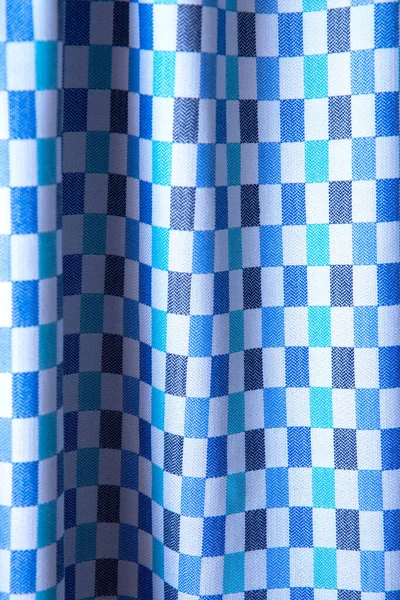 Gyönyörű Kék Kockás Szövet Textúra Redőkkel Kontrasztos Árnyékokkal Kötött Háttér — Stock Fotó