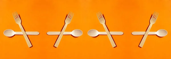 Wooden Eco Bamboo Cutlery Spoon Fork Bright Orange Background Meal — 스톡 사진