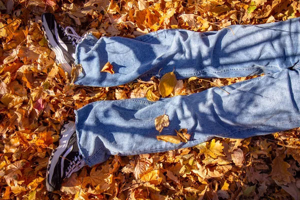 Girl lies in bright autumn foliage. Red and orange autumn leaves background. Colorful fallen autumn leaves perfect for seasonal use