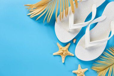 Flat lay summer composition, Tropical palm leaves, white flip flop, seashells on pastel blue background, Summer vacation concept, top view, copy space