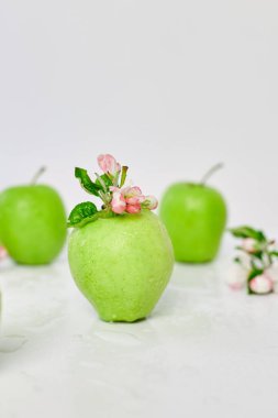 Elma çiçekleri ve beyaz arka planda olgun yeşil elmalar, meyveler ve çiçekler, sping konsepti. Üst görünüm