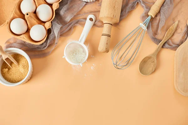 Bakery Cooking Frame Ingredients Kitchen Items Pastry Pastel Orange Background — Stock Photo, Image