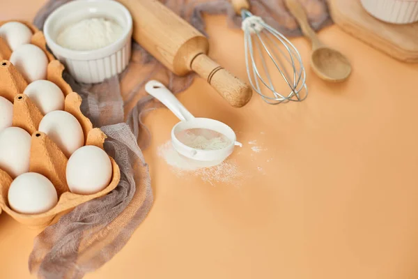 Bakery Cooking Frame Ingredients Kitchen Items Pastry Pastel Orange Background — Stock Photo, Image