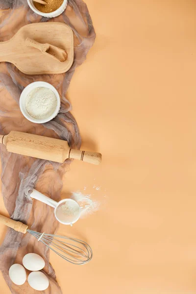 Bakery Cooking Frame Ingredients Kitchen Items Pastry Pastel Orange Background — Stock Photo, Image