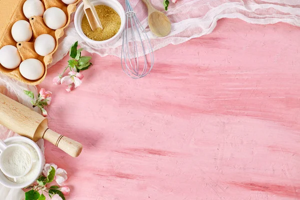 Bakery Cooking Frame Flowers Ingredients Kitchen Items Pastry Pink Background — Stock Photo, Image