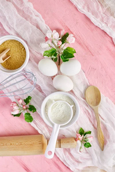 Bakery Cooking Frame Flowers Ingredients Kitchen Items Pastry Pink Background — Stock Photo, Image