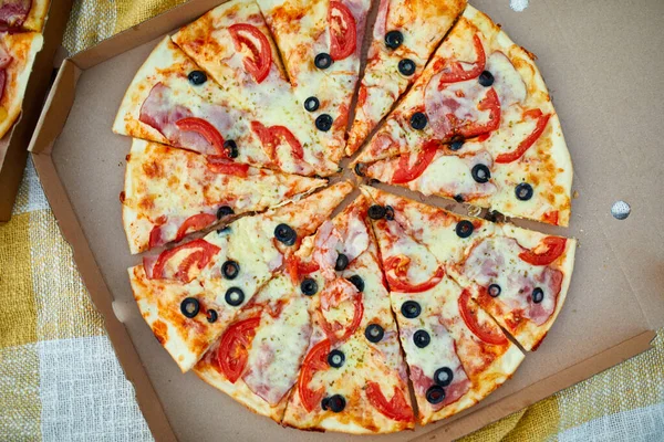 Çimlerin üzerindeki yemek kutusunda iki pizza, piknik konsepti, üst manzara, fotokopi alanı. Yemeği, fast wood 'u, İtalyan pizzasını dışarı çıkarın.
