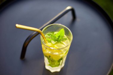 En iyi manzaralı limonata, açık havada tekrar kullanılabilir metal pipetler, arka bahçede eski bir evde parti, yaz zamanı, eko dostu pipet içme..