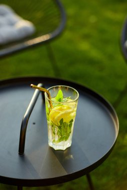 En iyi manzaralı limonata, açık havada tekrar kullanılabilir metal pipetler, arka bahçede eski bir evde parti, yaz zamanı, eko dostu pipet içme..