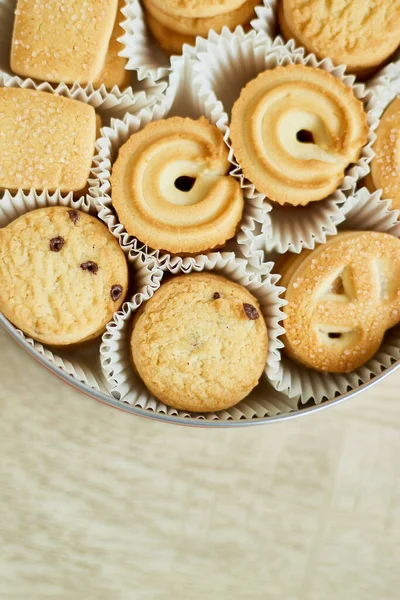 Top View Tasty Danish Butter Cookies Tin Box Set Crispy — Stock Photo, Image