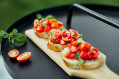 İtalyan bruschetta 'sı taze kırmızı domatesler ve fesleğenli otlar bahçedeki ahşap tahta üzerinde, arka bahçede, evde, gün ışığında. Klasik İtalyan yemeği, antipasto.