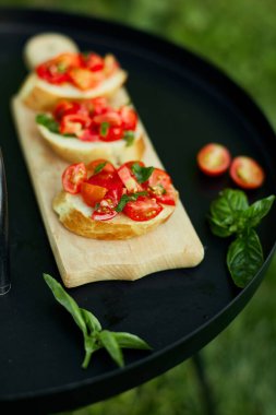 İtalyan bruschetta 'sı taze kırmızı domatesler ve fesleğenli otlar bahçedeki ahşap tahta üzerinde, arka bahçede, evde, gün ışığında. Klasik İtalyan yemeği, antipasto.