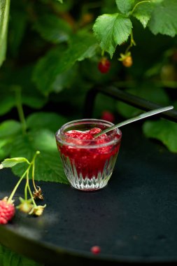 Siyah arka planda cam kasede ahududu reçeli, açık hava bahçesi taze çalı, güneş ışığı. 