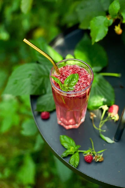 Raspberry Basil Detox Water Lemonade Summer Cold Drink Black Background — стоковое фото