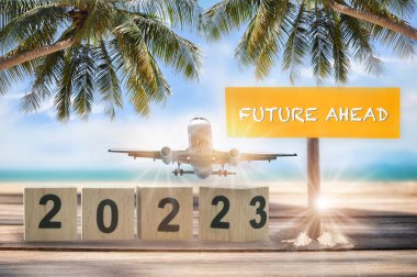 2022 'den 2023' e kadar yeni yıl ve tropikal plaj arka planında ahşap tabelasıyla gelecek vaat eden ticari uçak. Covid-19 fikrinden sonra mutlu tatil seyahati konsepti ve iş ulaşımı
