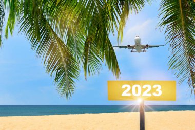 Yeni yıl 2023, sarı tabelada ve mavi gökyüzünde uçan ticari uçakla yazılmış hindistan cevizi palmiyesi yaprakları ve tropikal plaj arka planıyla. Mutluluk iş seyahati konsepti ve iyileşme fikrine başlıyor