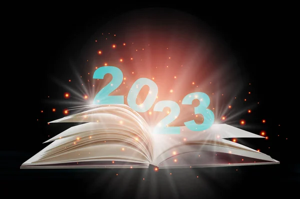 Neues Jahr 2023 Auf Offenem Weißem Papier Fantasiebuch Mit Glänzenden — Stockfoto