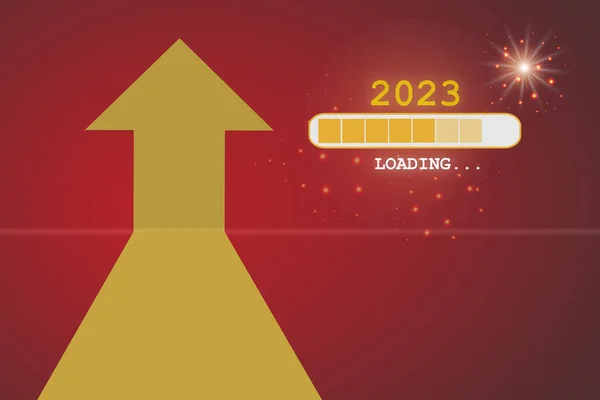 Año Nuevo 2023 Carga Flecha Amarilla Hacia Arriba Sobre Fondo — Foto de Stock