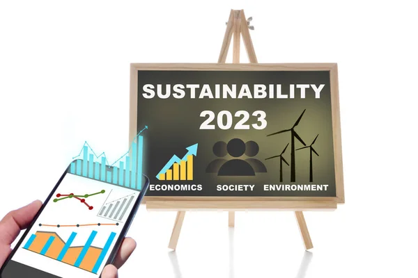 2023 Sustainability Chalkboard Online Financial Technology Fintech Smartphone White Background — Foto de Stock