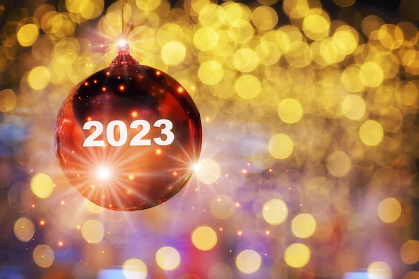 New Year 2023 Reflection Red Ball Yellow Abstract Bokeh Blurred — Fotografia de Stock
