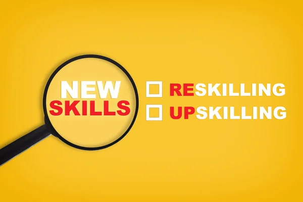 New Skills Written Yellow Paper Magnifying Glass Development Concept Reskilling — Stockfoto