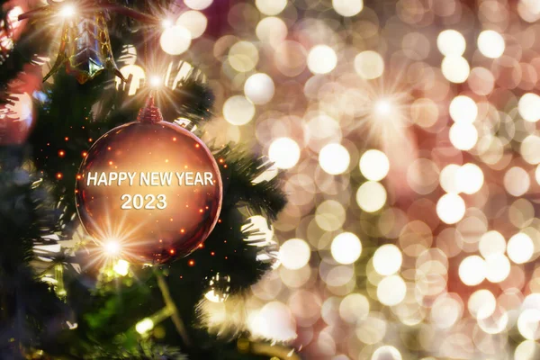 Happy New Year 2023 Word Red Ball Decoration Christmas Tree — ストック写真